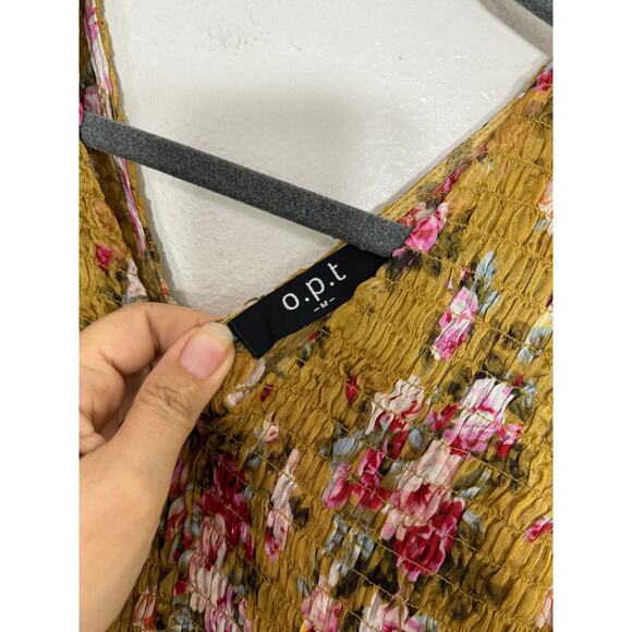 OPT Anthropologie Wick Dress Yellow Smocked Chiffon Floral Sheen Romantic, M - Picture 12 of 12